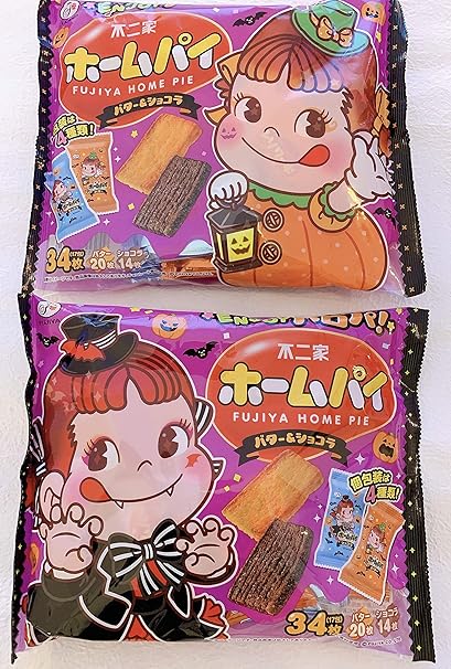 Amazon 不二家 ホームパイ ファミリーパック まとめ買い2袋パック ペコちゃんデビル仮装 かぼちゃ仮装デザインコンプリートパック 個包装 1袋34枚入 バター枚ショコラ14枚 合計個包装68枚入 ハロパお菓子 ハロウィン限定 不二家ホームパイ ビスケット