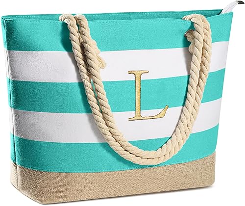 YOOLIFE Bolsa de lona impermeable con inicial, con cremallera, regalos personalizados para mujeres, cumpleaños, viajes, playa, esencial