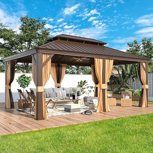 MELLCOM Gazebo de techo rígido de 12 x 18 pies, glorieta de doble techo de metal de acero galvanizado con cortina y red, cenador permanente marrón