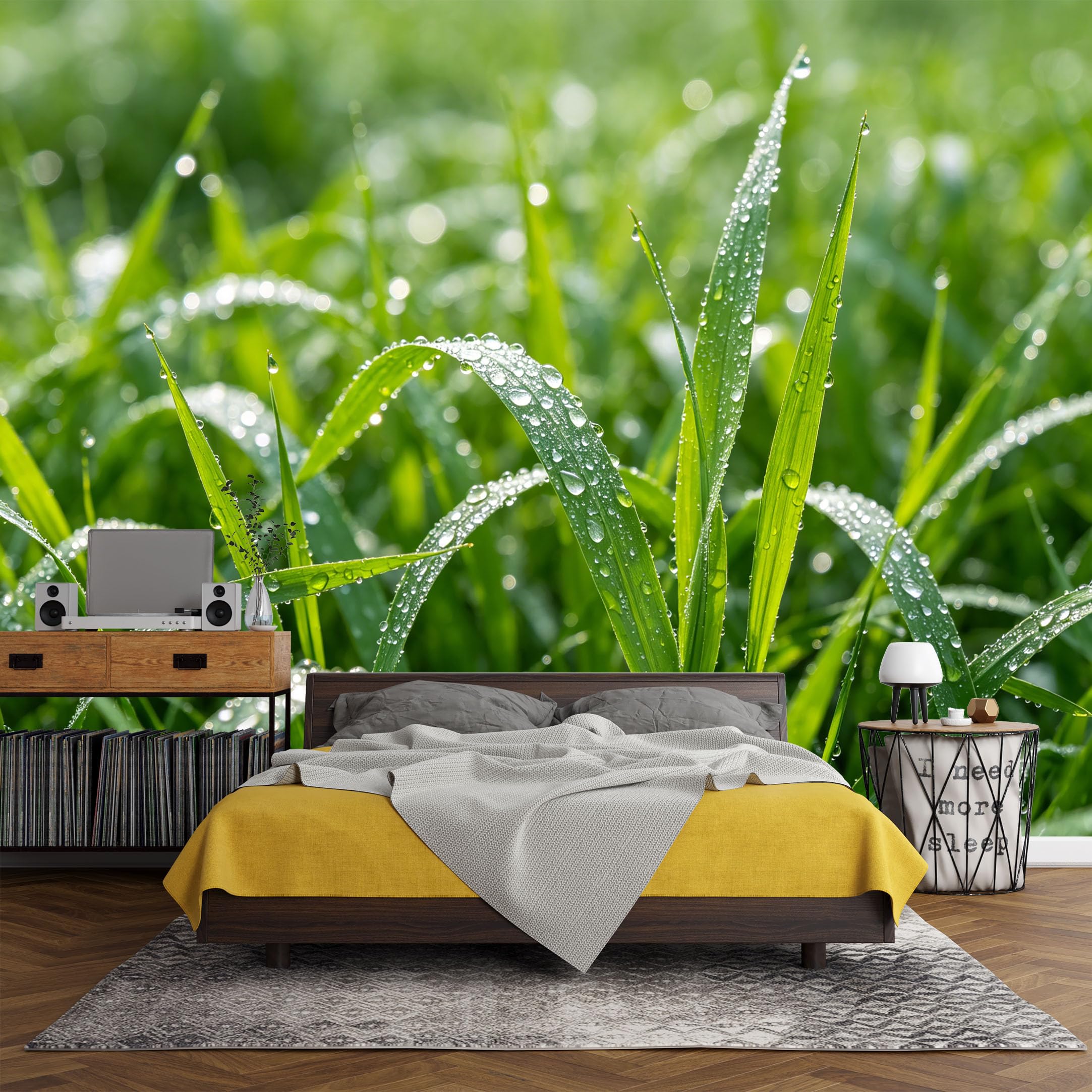 Custom Size Wall Mural， Botanical Fresh Green Dew Drops Leaves Morning Nature Macro，SelfAdhesive Art Prints wall Fabric (No PVC) Removable Wallpaper Living Room Decor