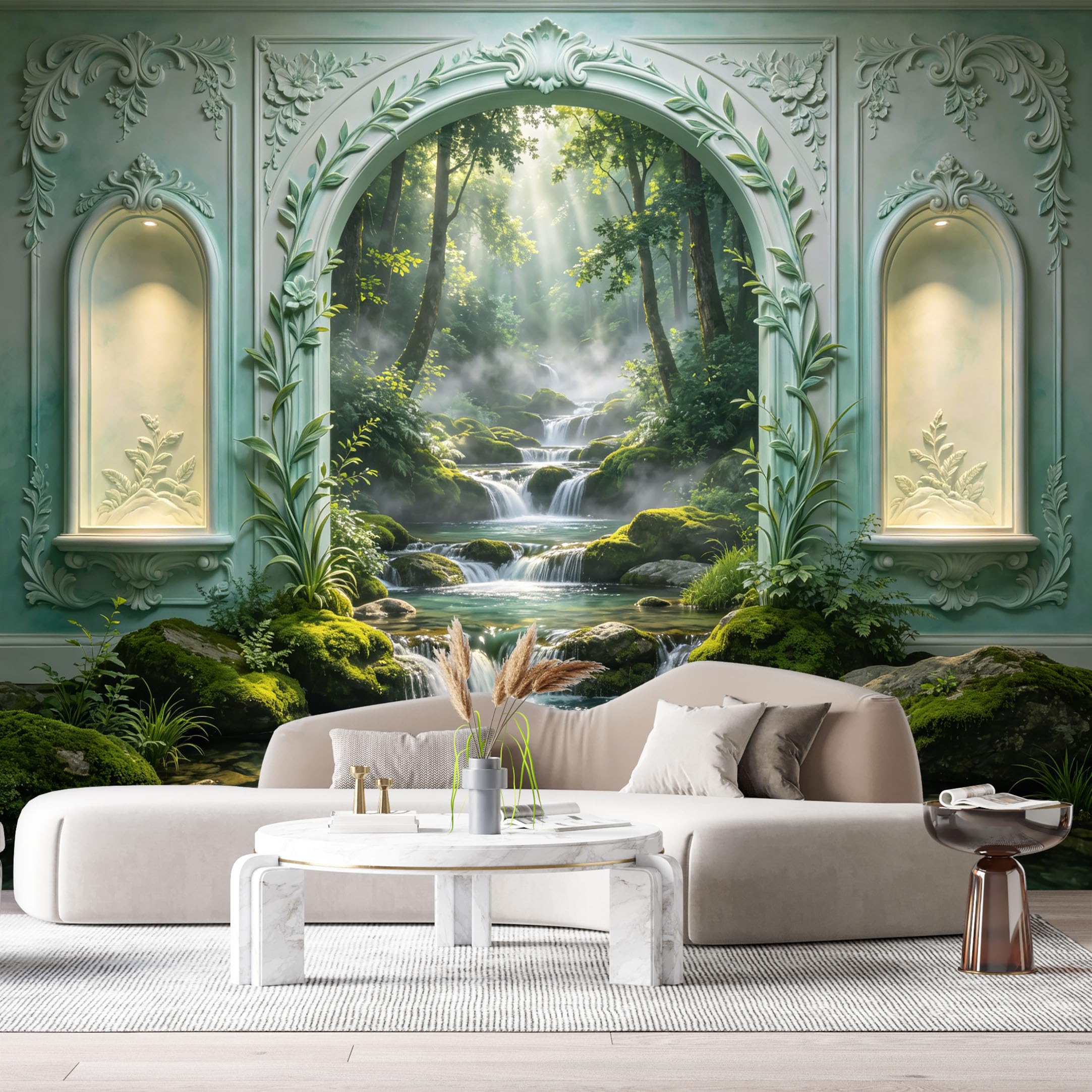 Custom Size Wall Murals Forest Waterfall Archway 3D Trompe L'Oeil SelfAdhesiveWall Fabric Removable Wallpaper Wall Decor for Living Room Bedroom Bathroom