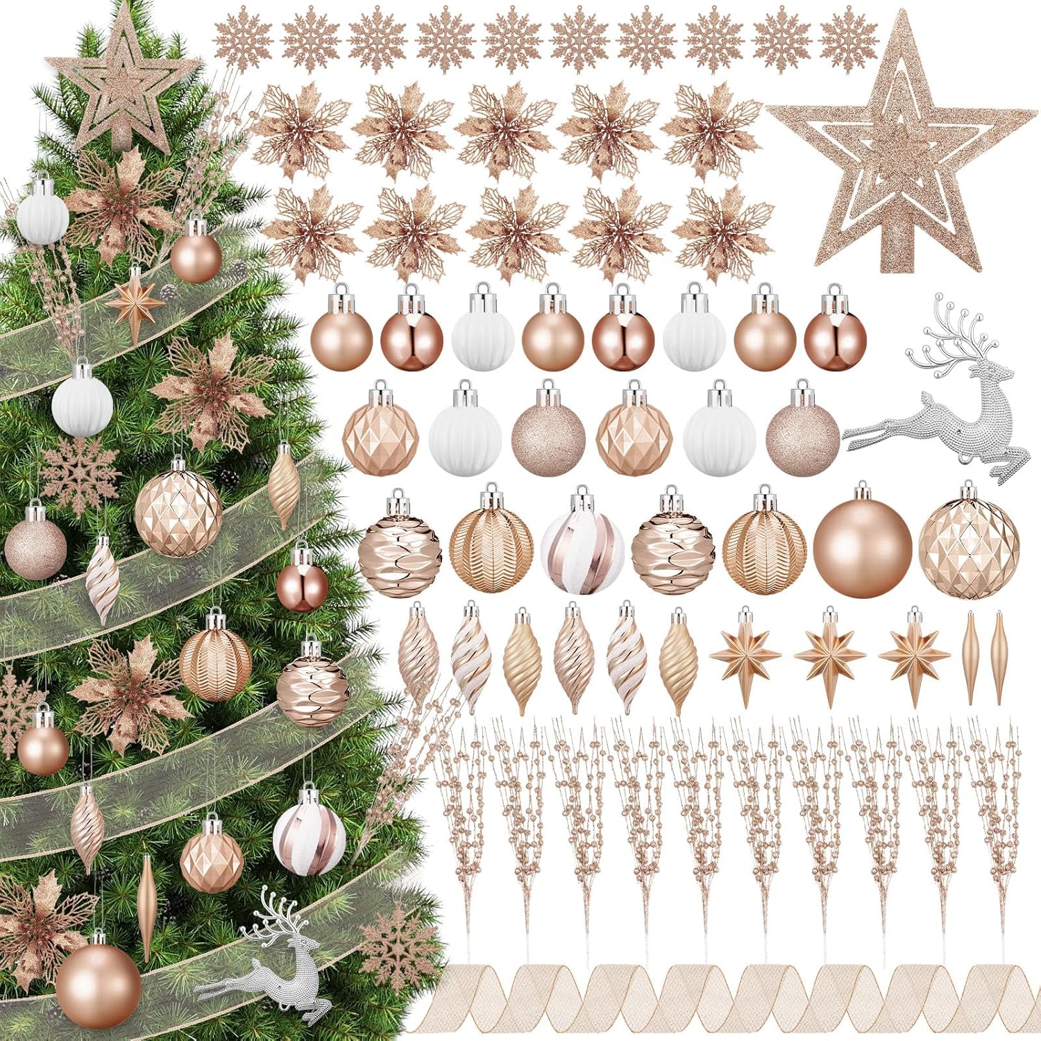 118 Pcs Christmas Tree Ornaments Set Including Ornaments Balls, Hanging Snowflakes Icicle, Mesh Ribbon, Tree Top Star, Flower, Berries Stems for Xmas Trees Holiday Decor (Champagne)