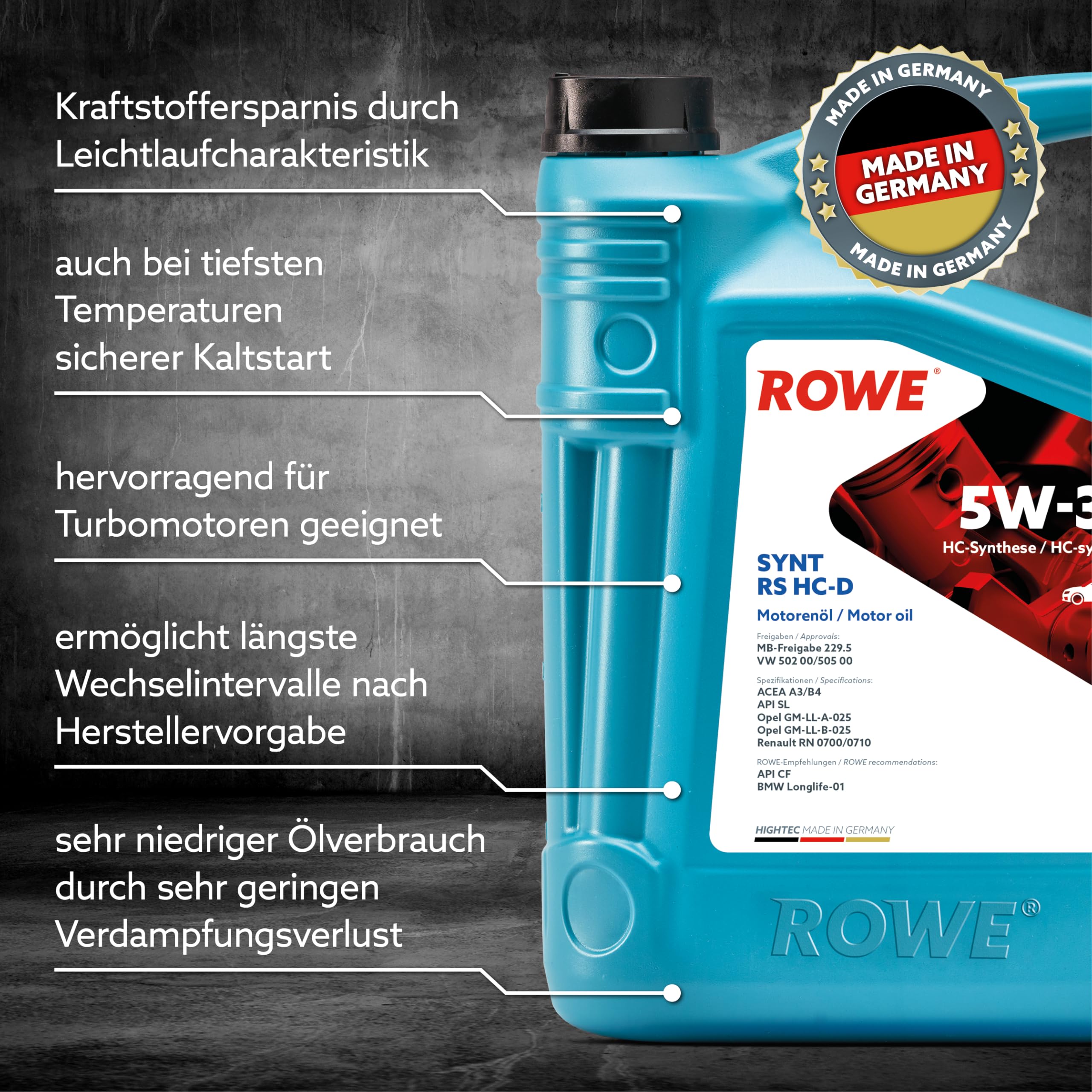 ROWE HIGHTEC SYNT RS HC-D SAE 5W-30, 5 Liter, HC-Synthese-Leichtlauföl | Synthetisches Energiesparöl für moderne Otto- und Dieselmotoren ohne Partikelfilter, Art. Nr. 20060