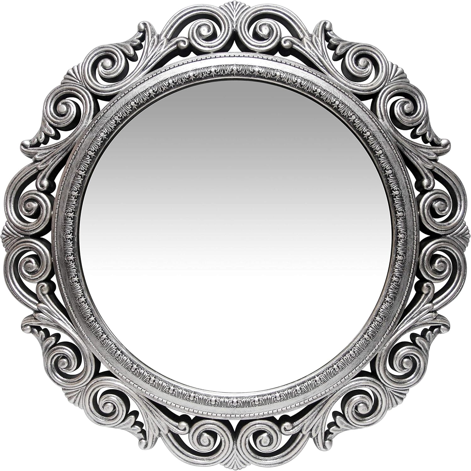 Infinity Instruments Antique Silver Wall Mirror 24 inch Large Round Mirror Living Room Bedroom Circular Mirror Ornamental Round Mirrors for Wall Decor Antique Silver Decorative Mirrors for Bedroom