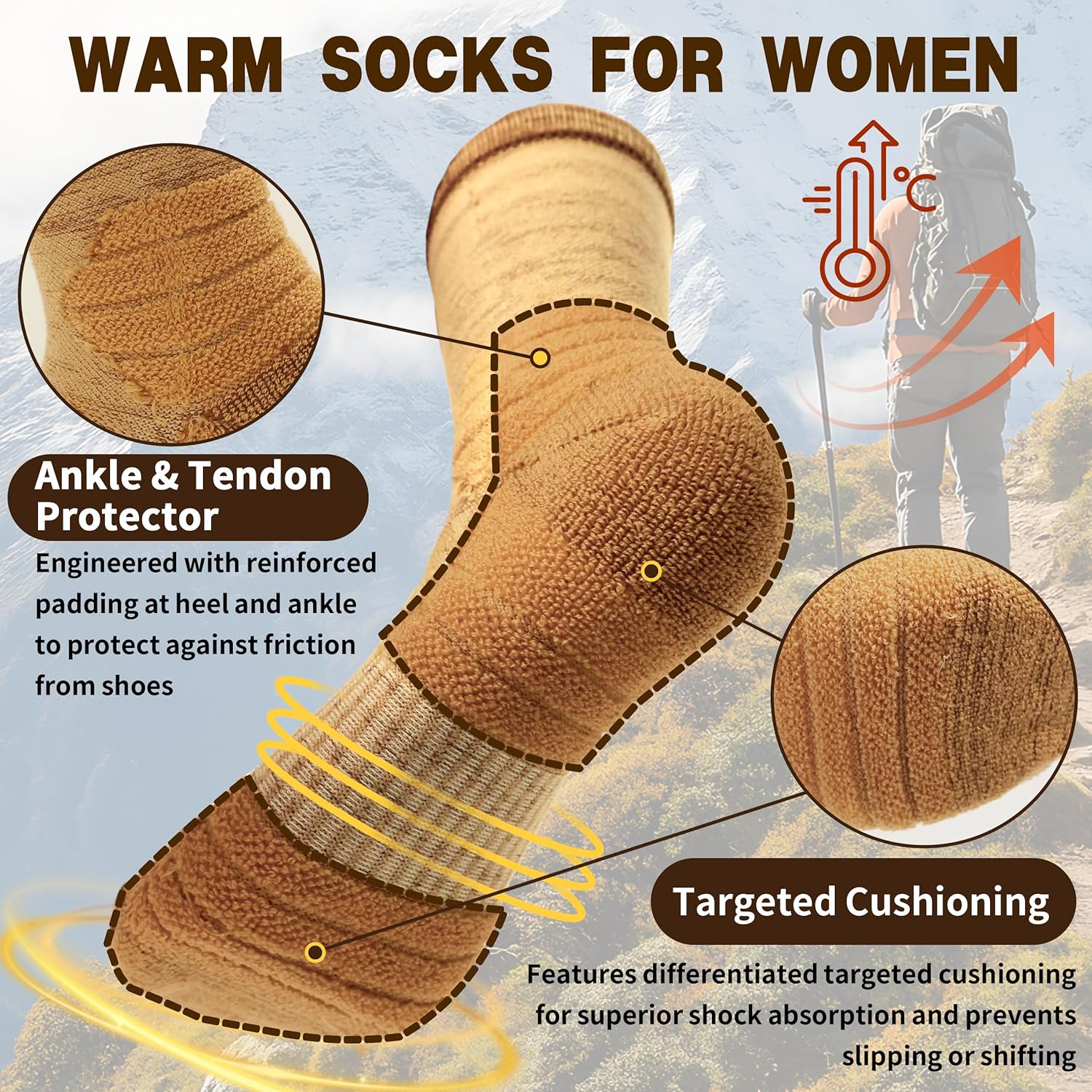 Merino Wool Socks for Women Warm Thermal Hiking Socks Winter Thick Cushioned Moisture Wicking Crew Socks 3Pairs Size5-9 - Image 3