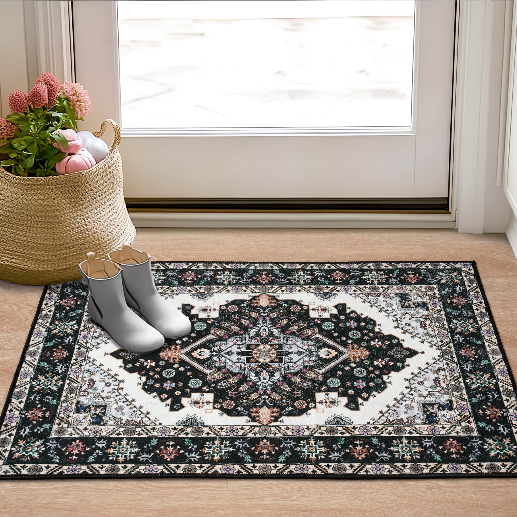 Lahome Moroccan Black Area Rug Non-Slip Low-Pile Washable Entryway Rug Kitchen Bath Mat 2'x4' Geometric Print Carpet For Hallway Bedroom