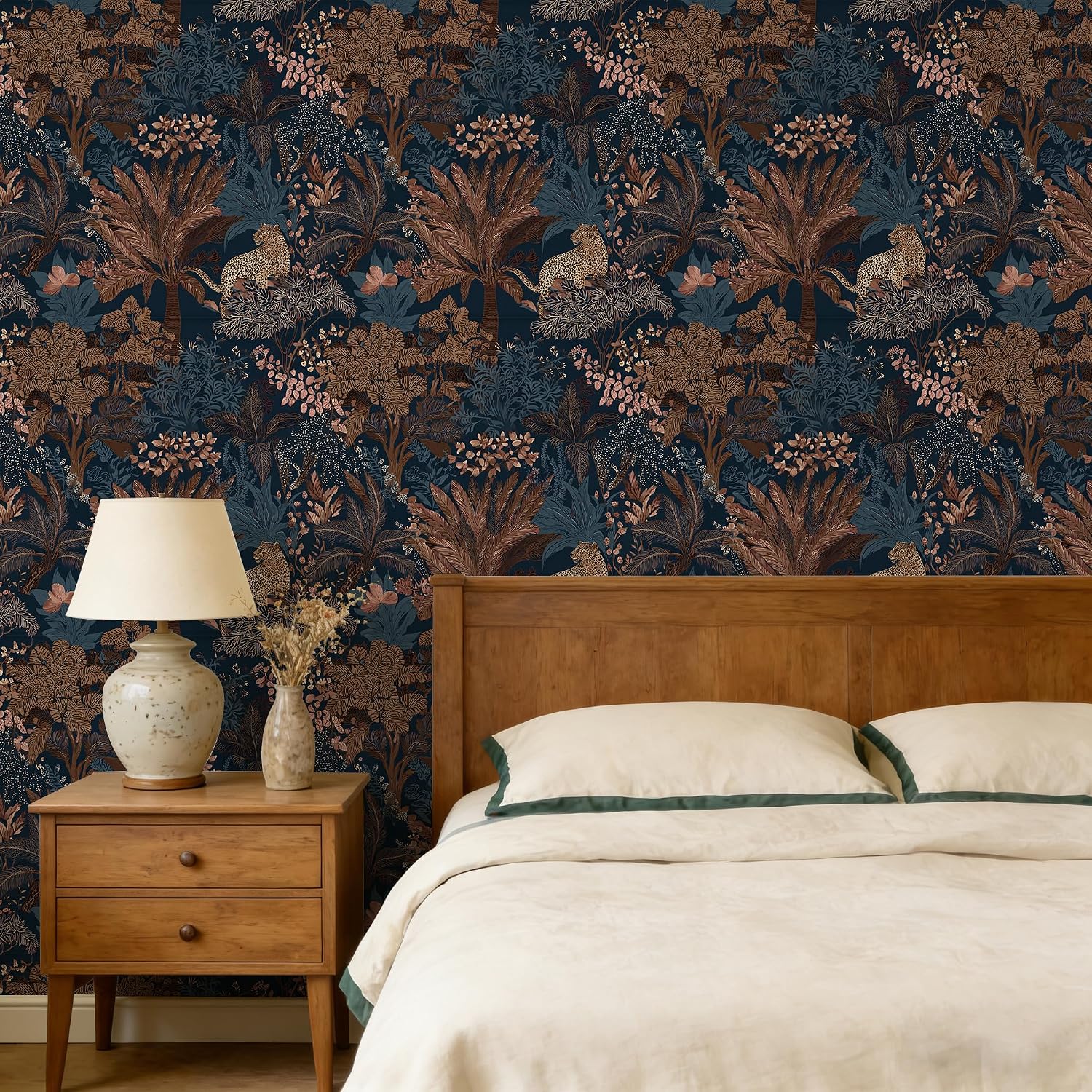 Peel and Stick Wallpaper - Retro Tropical Flora Dark Tone, Removable Self-Adhesive Mural for Living Room & Study, Luxury Earthy Wall Decor, 17.7x236 Inch