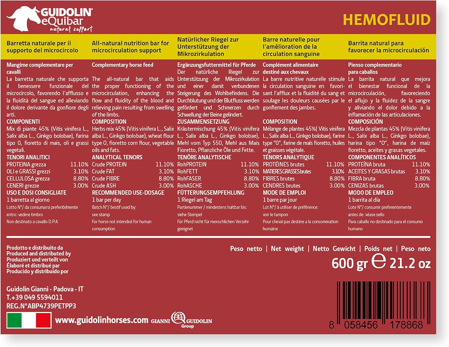 EQUIBAR Hemofluid: All-Natural Nutrition bar for All Classes of Horses to Support microcirculation, Dermatitis and Insect or Bug Bites (1,45 LB)