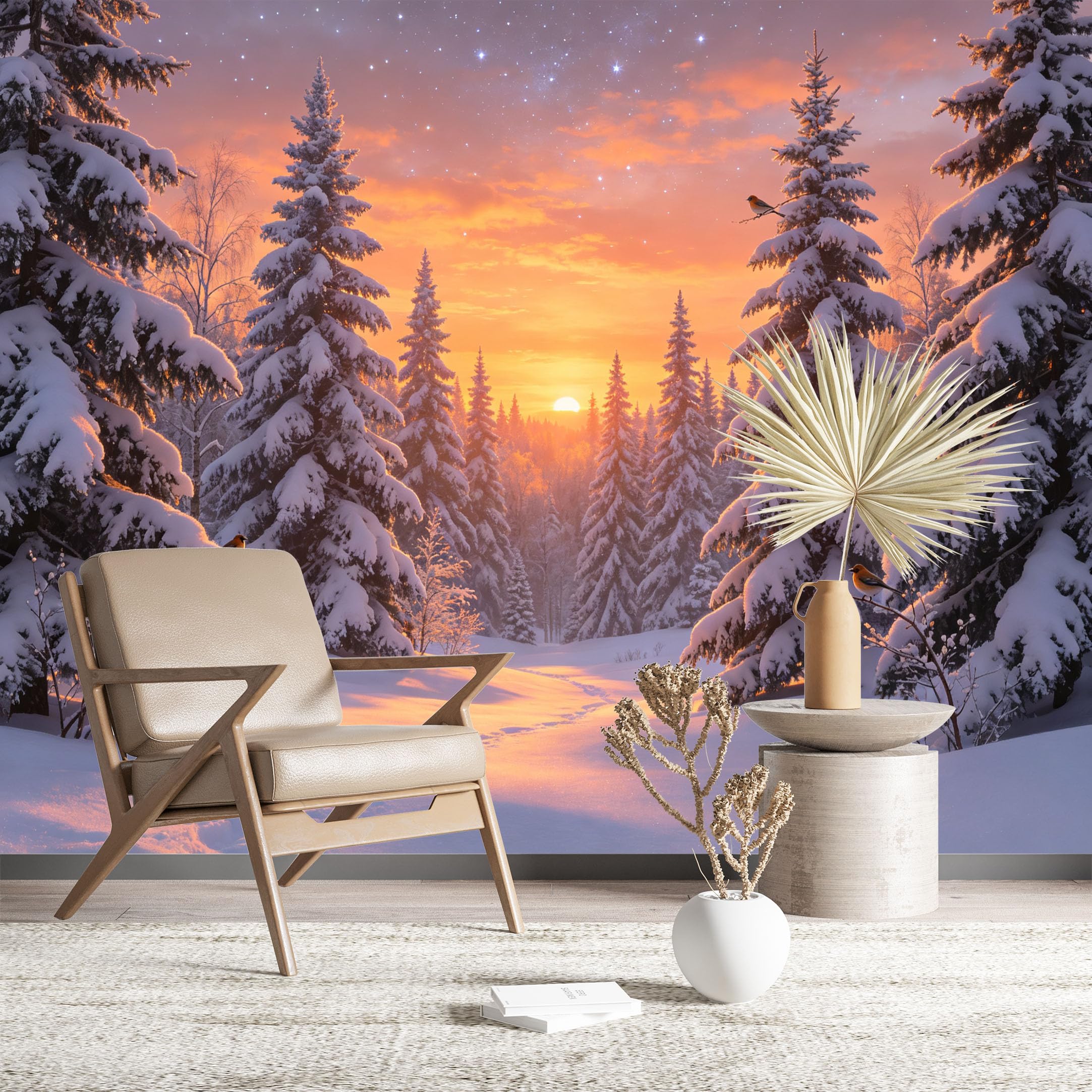 Custom Size Wall Murals Snowy Forest at Sunset with Birds HD Self-Adhesive Wall Fabric (NO PVC) Removable Wallpaper for Living Room Bedroom