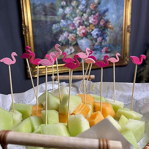 Vista 5 de 100 palillos de bambú de flamenco de 5 pulgadas, palillos de dientes de comida para bebidas de embutidos, selecciones de alimentos de frutas