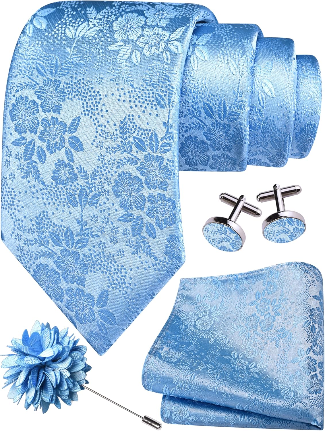 GUSLESON 3.15"(8cm) Mens Floral Tie and Lapel Pin Necktie Hankerchief Cufflinks Set for Men