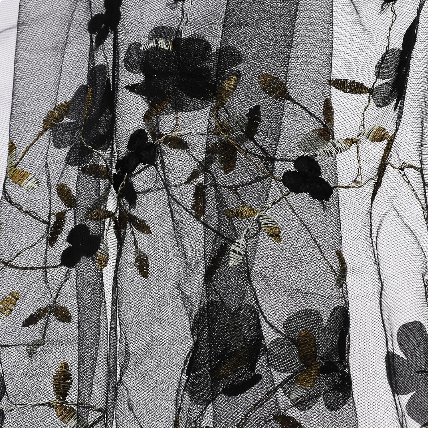 MECCANIXITY 5 Yard Tulle Fabric 175"x51"3D Flower Embroidery Mesh Lace Fabric for DIY Handmade Clothing Wedding Dress Skirt Home Curtain Decoration, Black