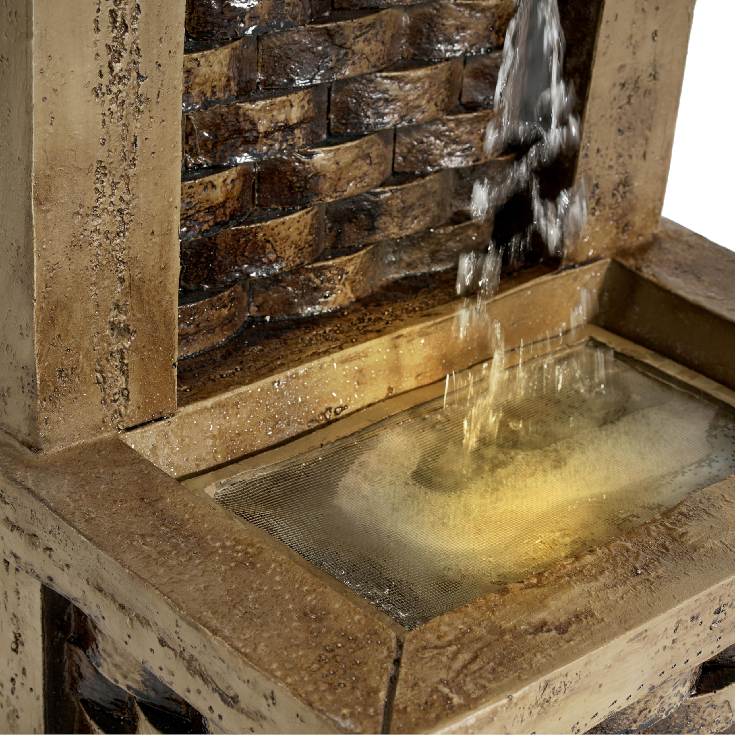 Gartenbrunnen für Außen im Antik-Stil mit LED – Springbrunnen aus Harz mit Wasserfall, Zierbrunnen für Terrasse & Balkon, authentische Steinoptik in Antique Brown