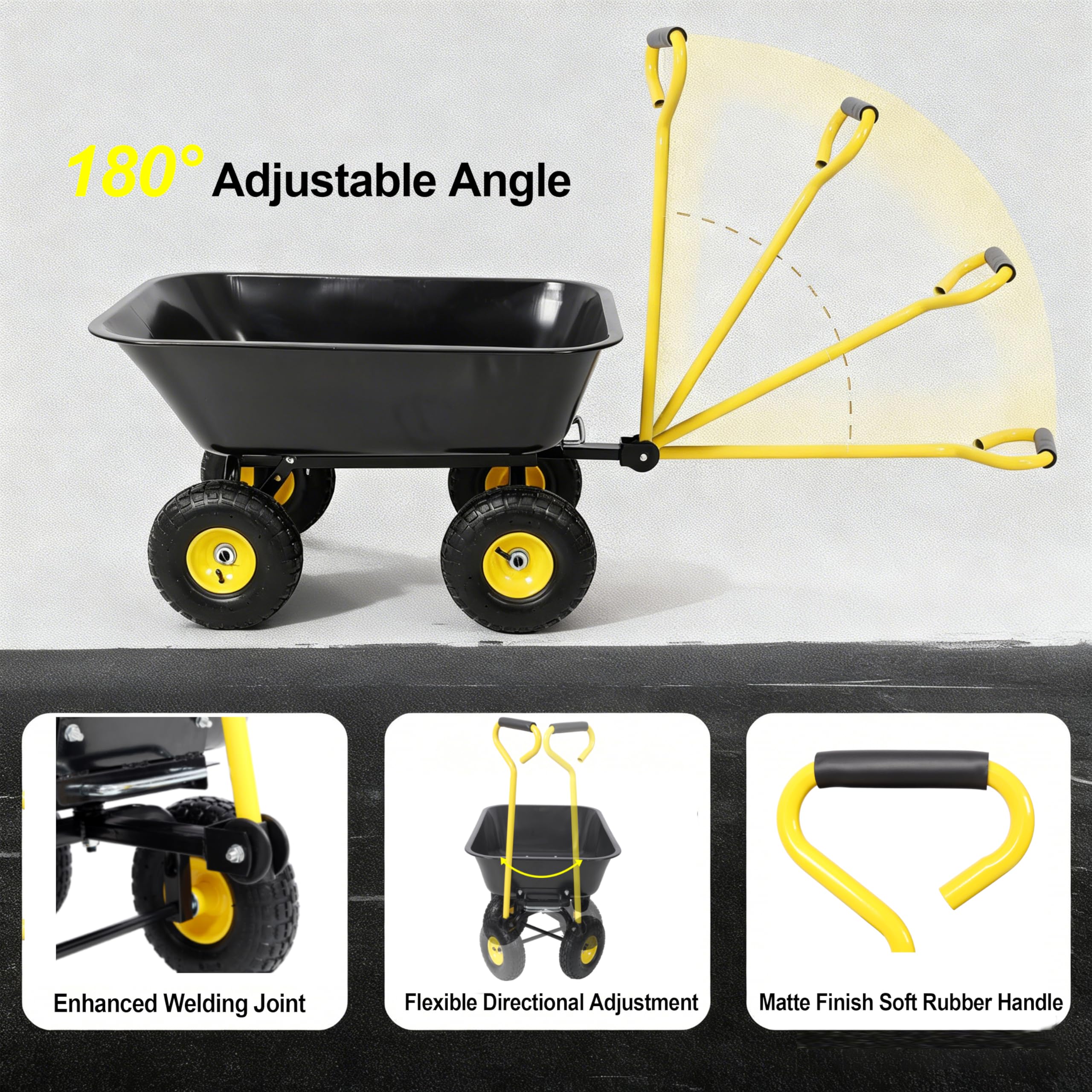 HeavyDuty 4-Rad-Schubkarre, 299 kg, Gartenkipper, 1,2 m³, mit QuickRase-Funktion und 38,1 cm Luftreifen für Landschaftsbau und Hofarbeiten, Schwarz