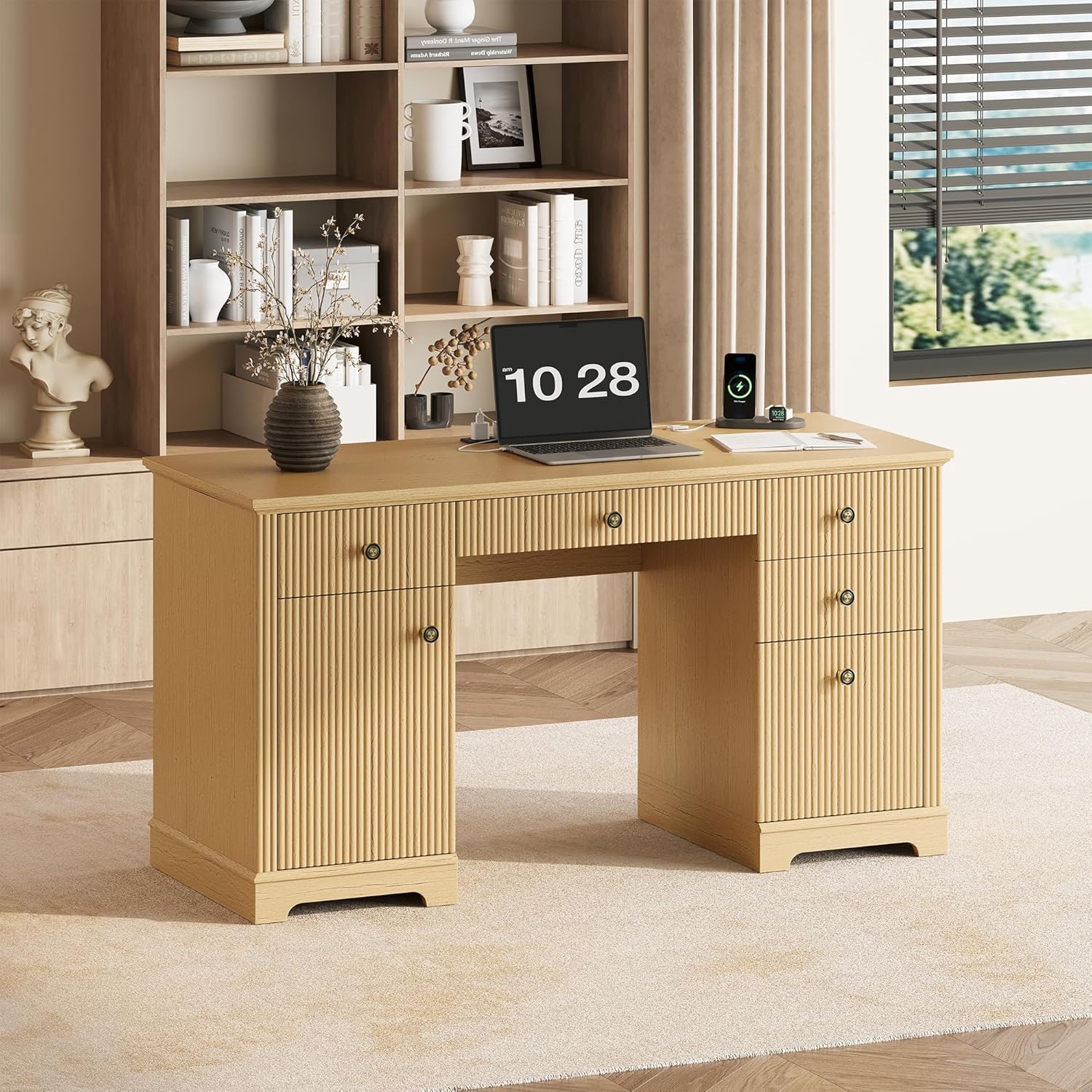 59" Modern Executive Desk with Drawers, Wood Home Office Computer Desk with Charging Station, 5 Drawers & 1 Cabinet, File Drawer, Fluted Computer Writing Desk for Study, Living Room, Bedroom, Oak