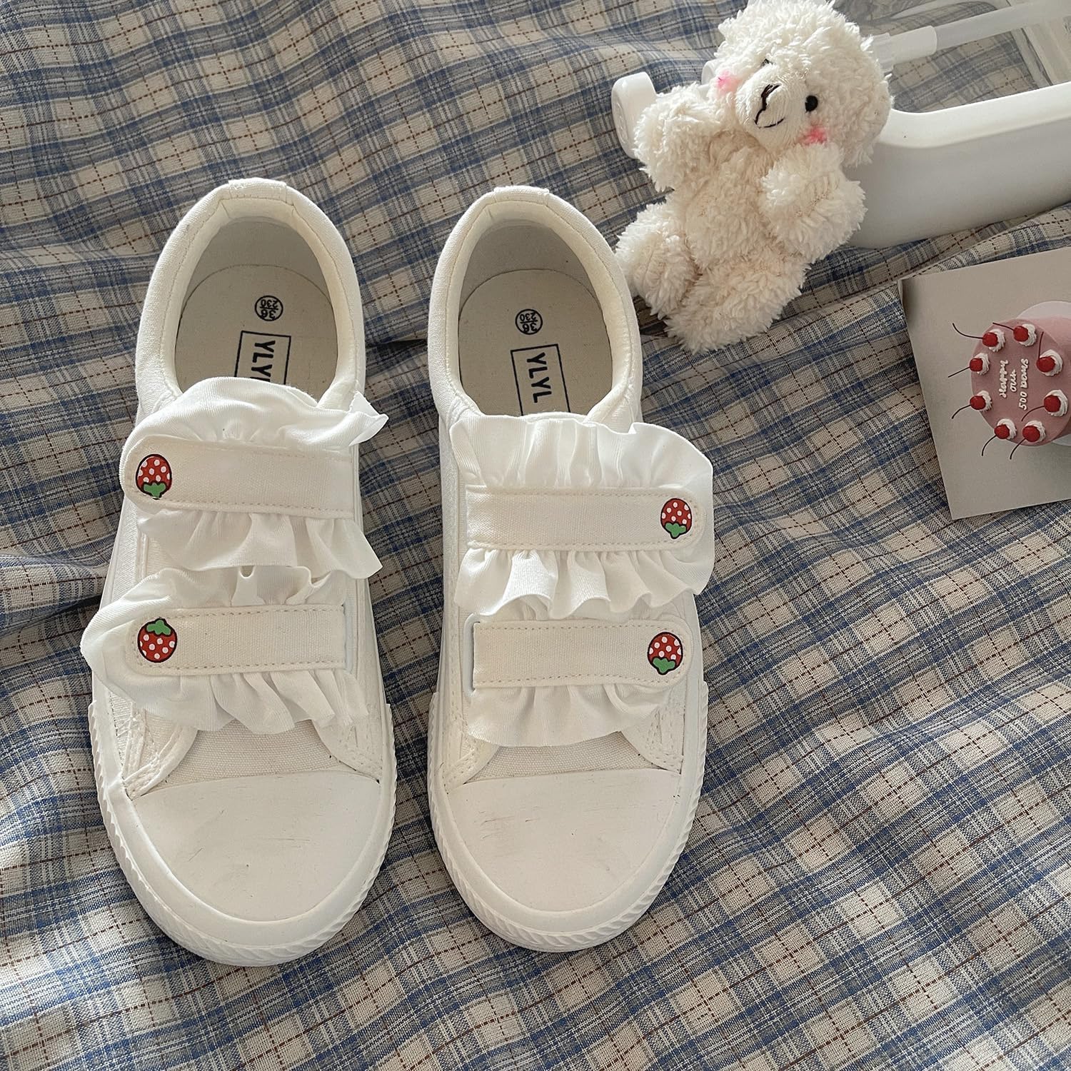 Loizziuy Strawberry Canvas Shoes for Women Half-Slip Cow Versatile Stylish Casual Cow Print Summer Shoes Travel Gift