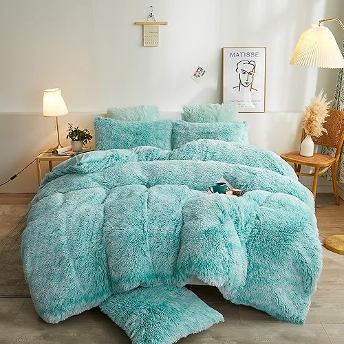 XeGe Plush Shaggy Duvet Cover Set, Luxury Ultra Soft Crystal Velvet Fluffy Bedding Sets 2 Pieces(1 Faux Fur Furry Comforter Cover + 1 Fuzzy Faux Fur Pillow Case), Zipper Closure (Twin, Aqua Ombre)