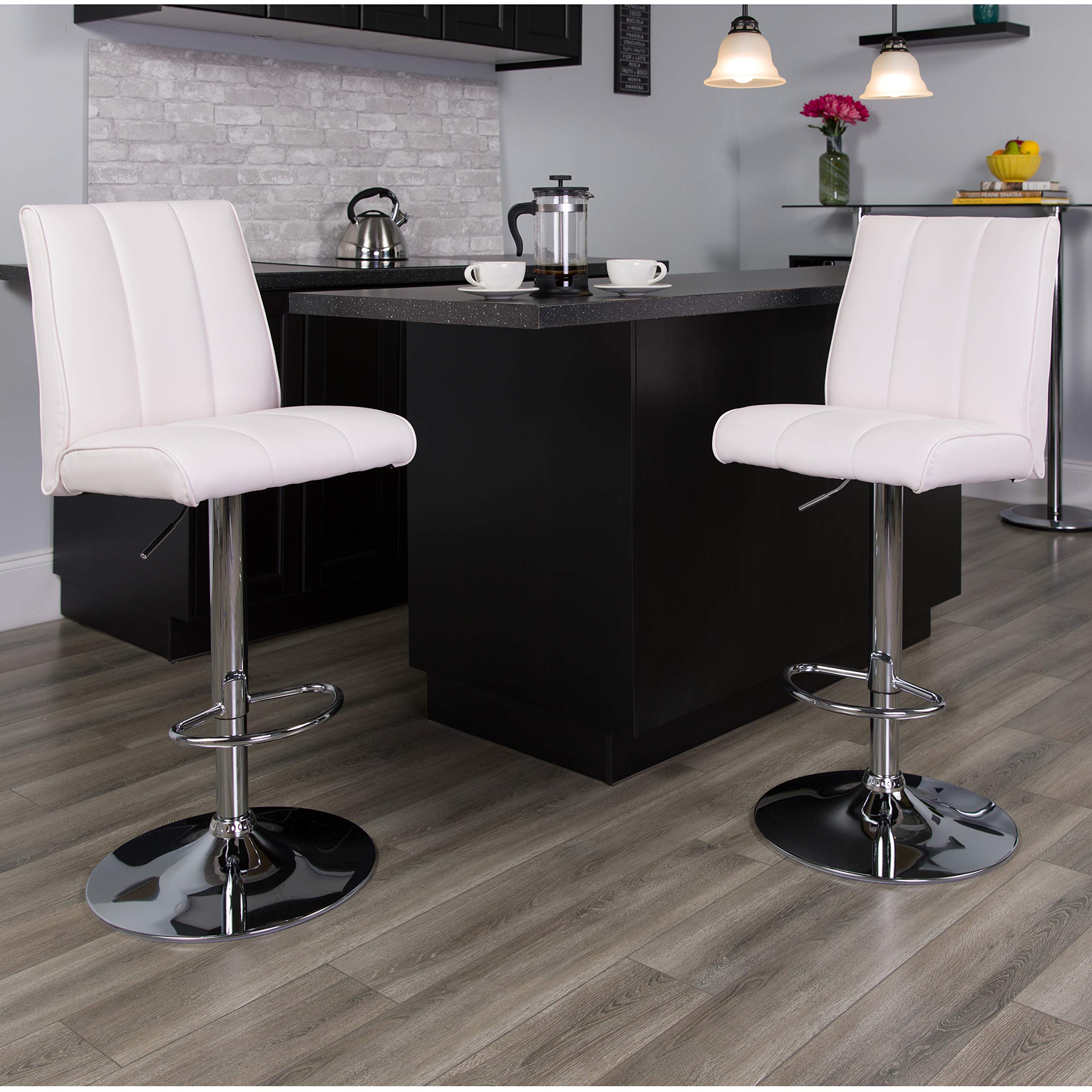 Flash Furniture - Sgabello da bar in vinile, altezza regolabile, con base cromata CH-122090-BLK-GG Confezione doppia 2 pezzi bianco