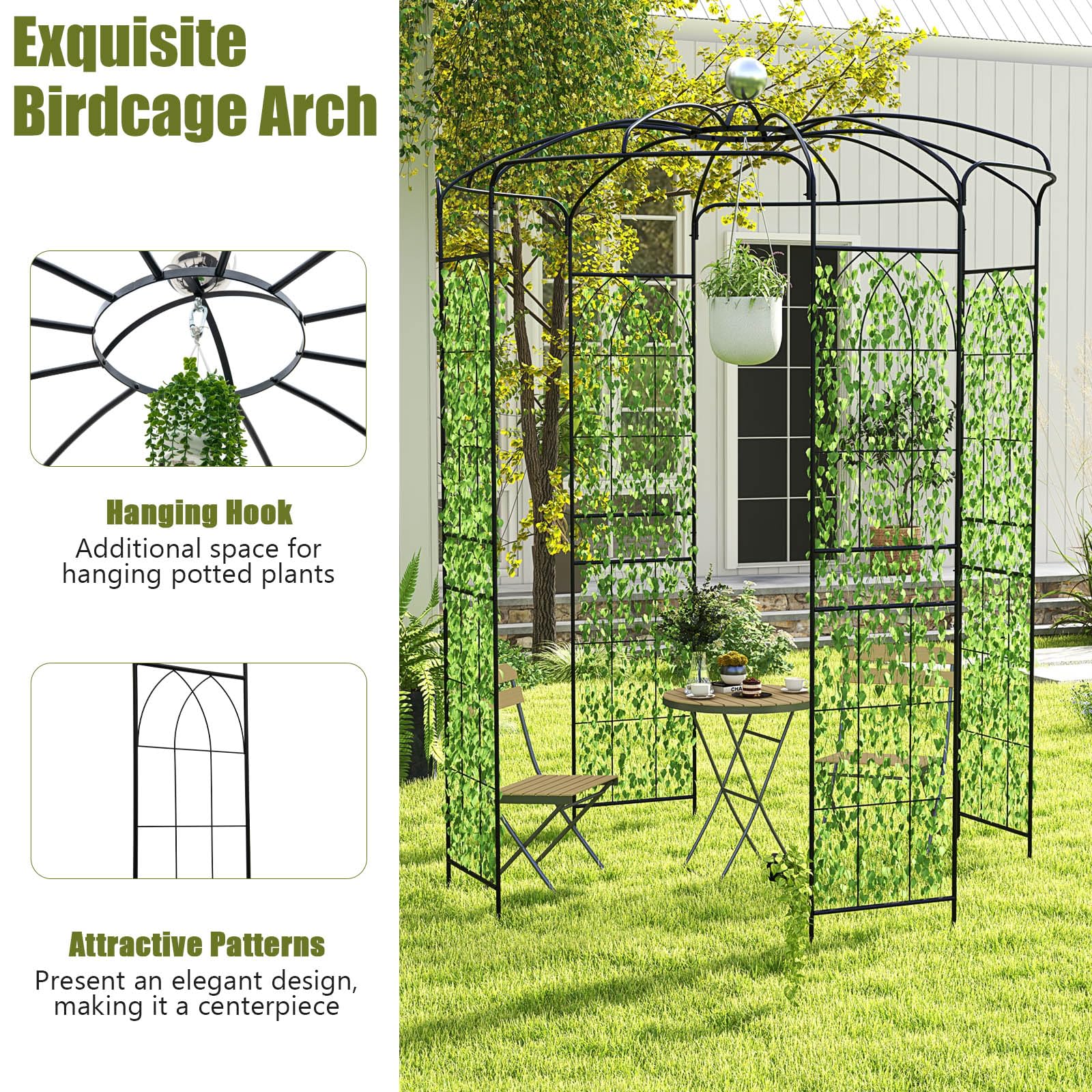 HOMASIS Pergolato da Giardino a Forma di Gabbia per Uccelli, Arco da Giardino in Metallo, Traliccio con Tettoia e 4 Lati per Piante Rampicanti, Pergola da Giardino per Matrimoni, Nero (198 x 284 cm)