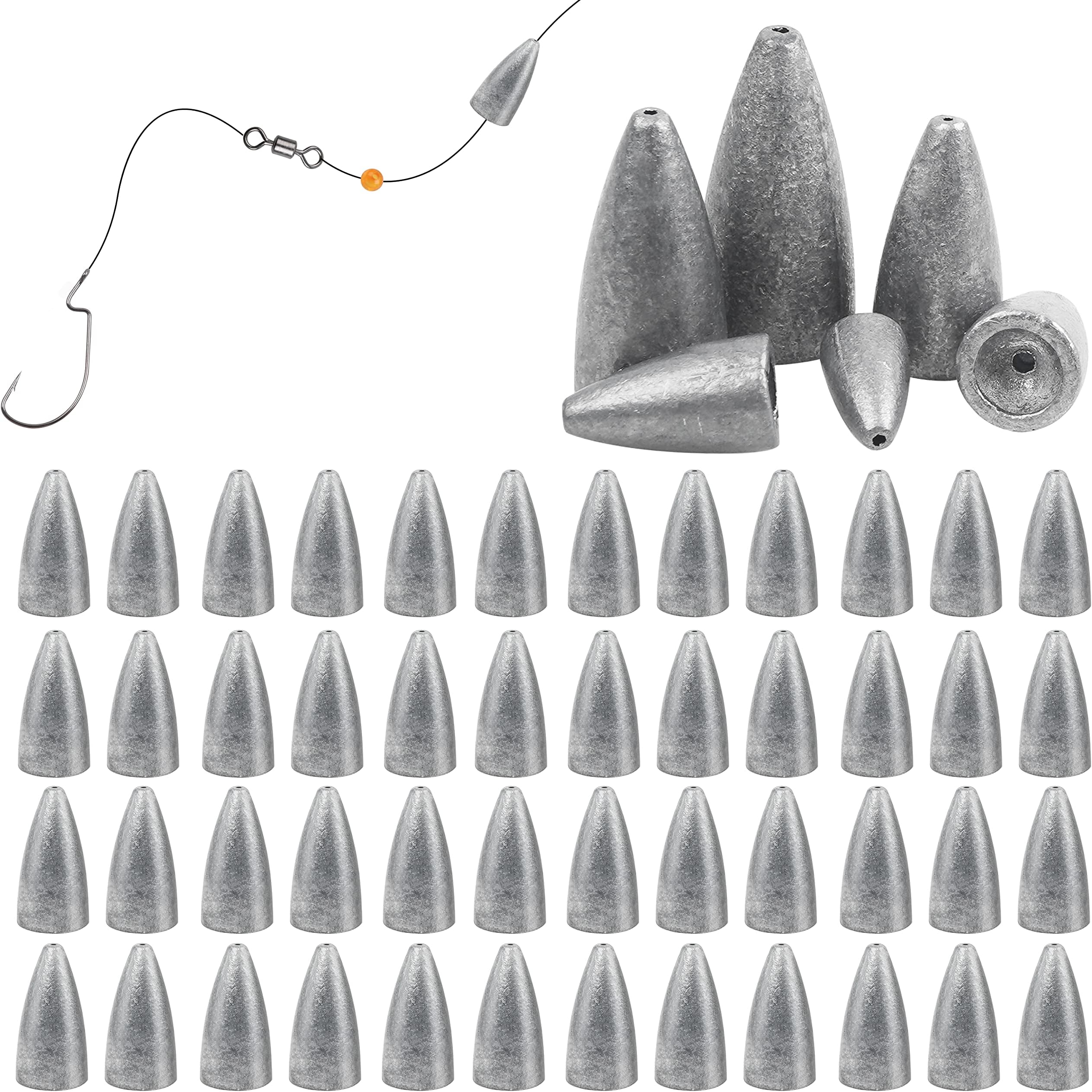 Fishing Weights Sinkers, 50pcs Bullet Fishing Sinkers Worm Weights Slip Sinkers Sliding Fishing Weight for Bass Fishing Pitching and Flipping Texas Rig Saltwater Freshwater Fishing Tackle