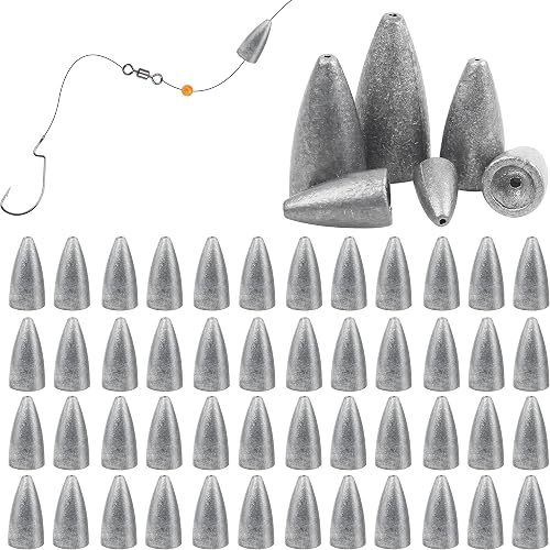 Fishing Weights Sinkers, 50pcs Bullet Fishing Sinkers Worm Weights Slip sinker, Metallic