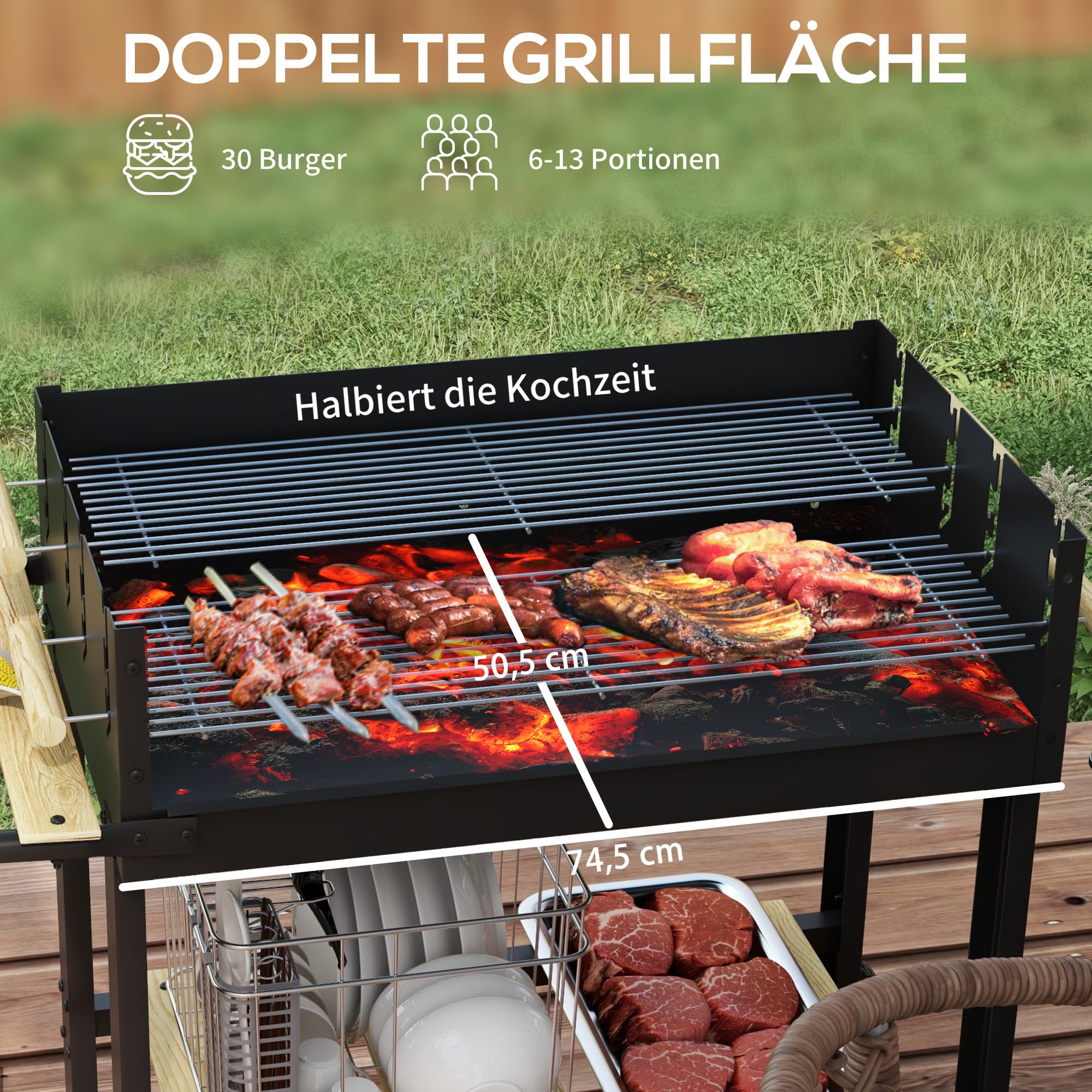Outsunny Grill na węgiel drzewny z półką, uchwyt 113 x 53,5 x 82,5 cm, czarny | Grill ogrodowy, dwa ruszty do grillowania, grill kempingowy z metalu do grilla