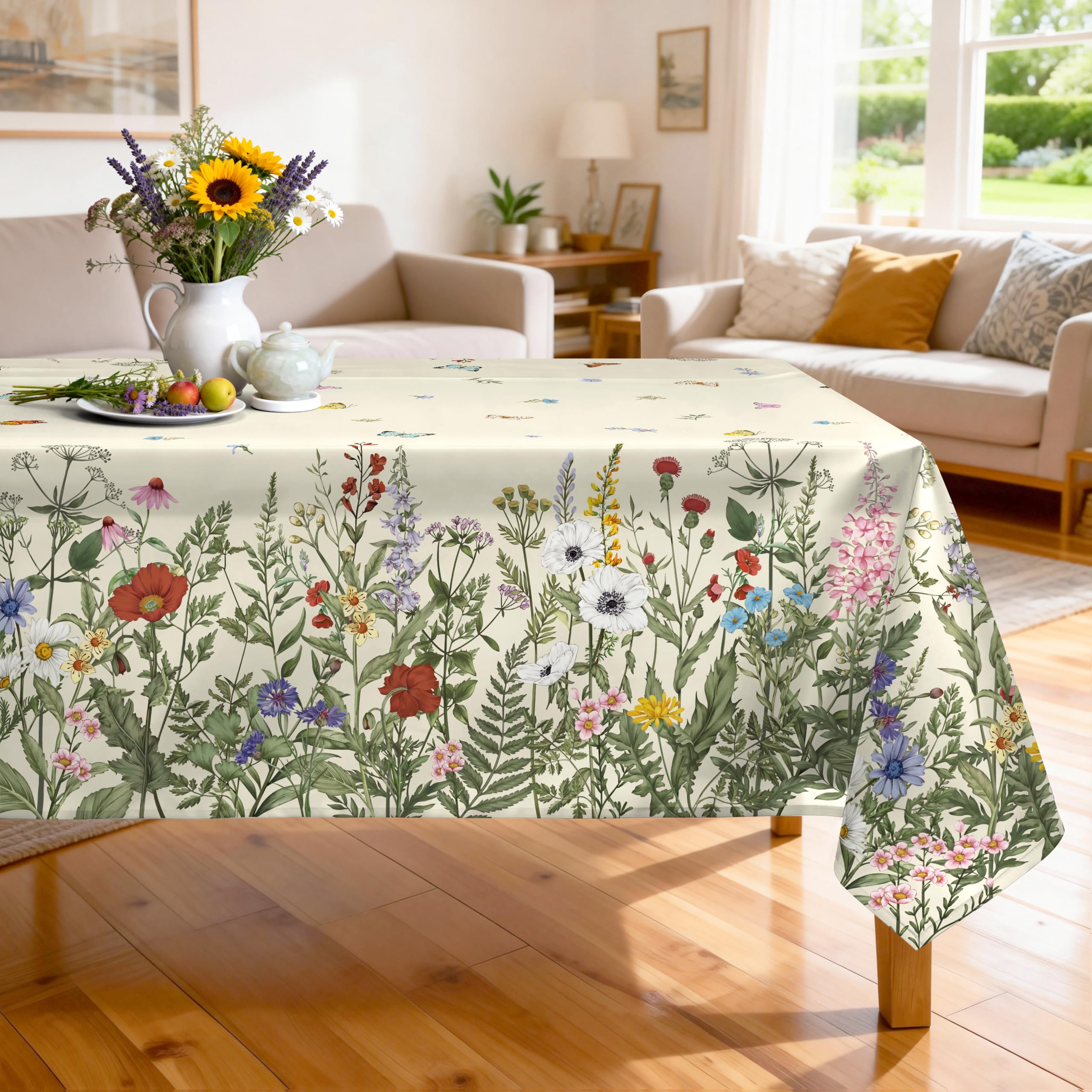 Arquiel Grass Floral Table Cloth Rectangle Machine Washable Tablecloth, 152 * 213 cm, Polyester Green Spring Table Cover for Kitchen Dinner Party Outdoor Decor