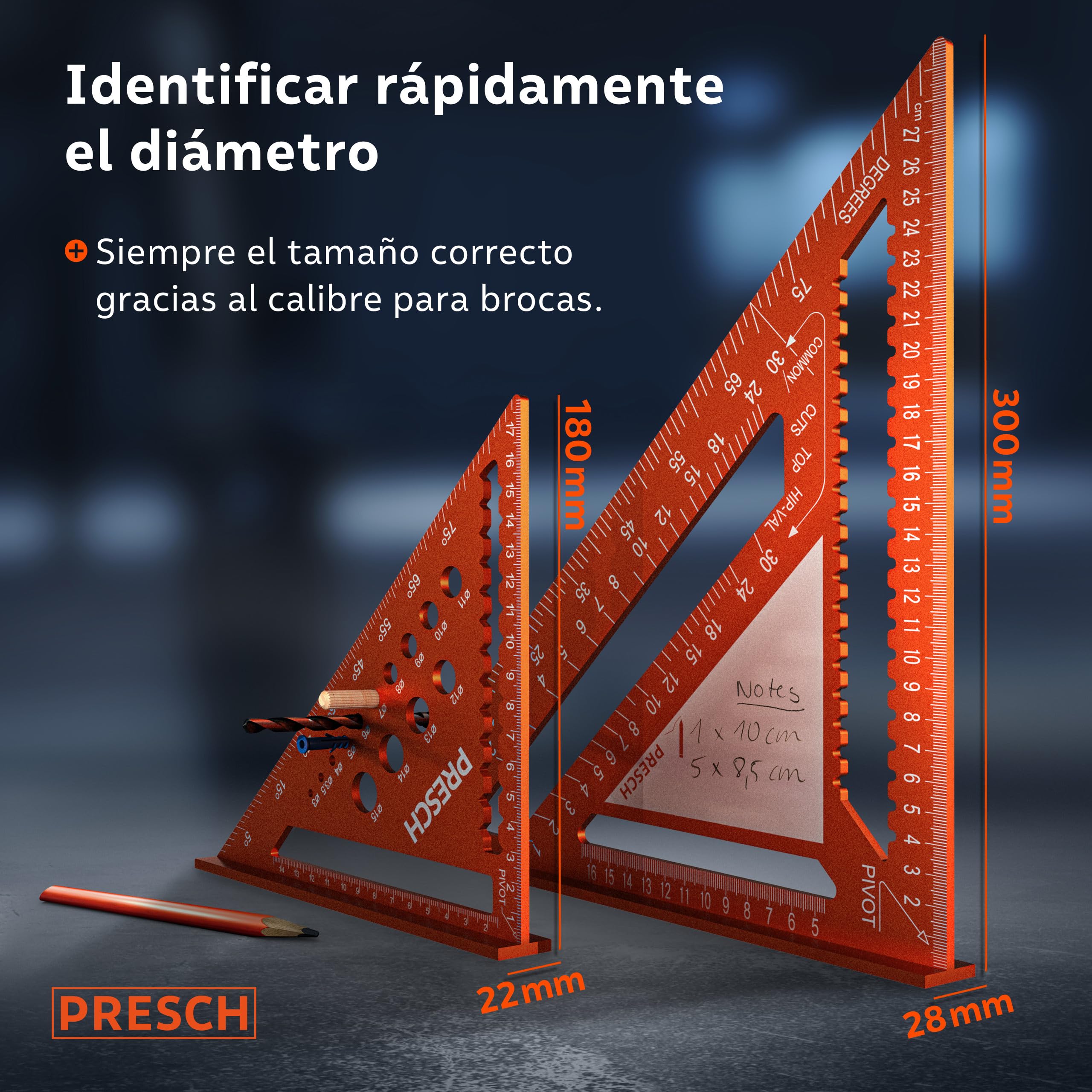 Presch Set de Escuadras Carpintero - 180mm & 300mm - Innovadora superficie de notas borrable | Calibre para brocas inteligente - Aluminio fresado de alta precisión para ángulos de 90° precisos
