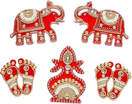 Aditri Creation Laxmi Charan Paduka Feet Pagla with Kalash and Elephant Acrylic Rangoli Floor Item for Indian Traditional Puja Festival Diwali Decorations Entrance Door Home Temple Decor GiftRed