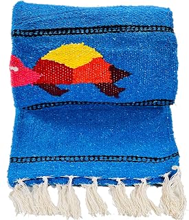 Baja Trader, Serape, Molina Mexican Blanket, Yoga Mat, Camping, Beach, Picnic, Handmade Woven Throw Blanket, Home Decor, Car Blanket (Sea Turtle) (Blue)