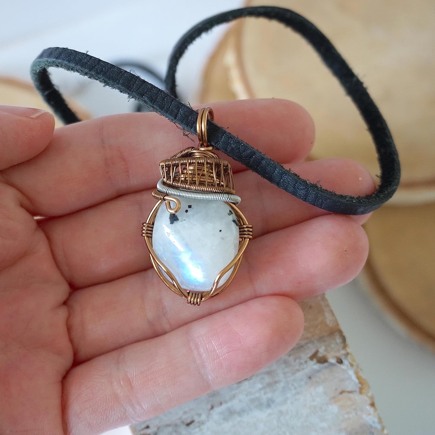 Designs by Nature Gems Moonstone Wire Wrapped Pendant, Copper Crystal Necklace, With 24 Inch Black Leather Cord, June Birthstone Jewelry, Handmade in North America