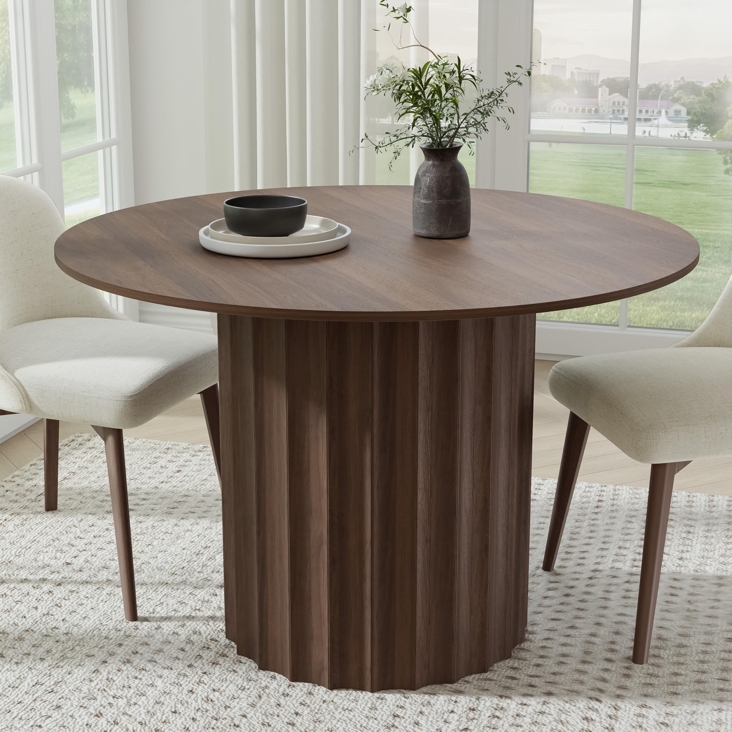 Photo 1 of ***BASE ONLY*** Casaphoria 46" Round Dining Table, Modern Wood Kitchen Table with Cylindrical Wide Bar Concave Base for Living Room & Dining Room, Easy Assembly Farmhouse Furniture for 4-6, Walnut