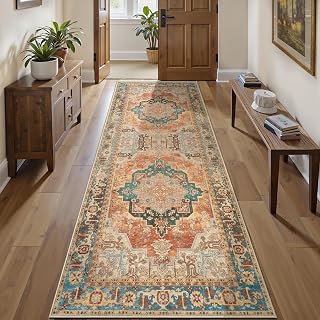 Orange 2.6x8 Washable Runner Rug for Hallways, Oriental Non Slip Runners