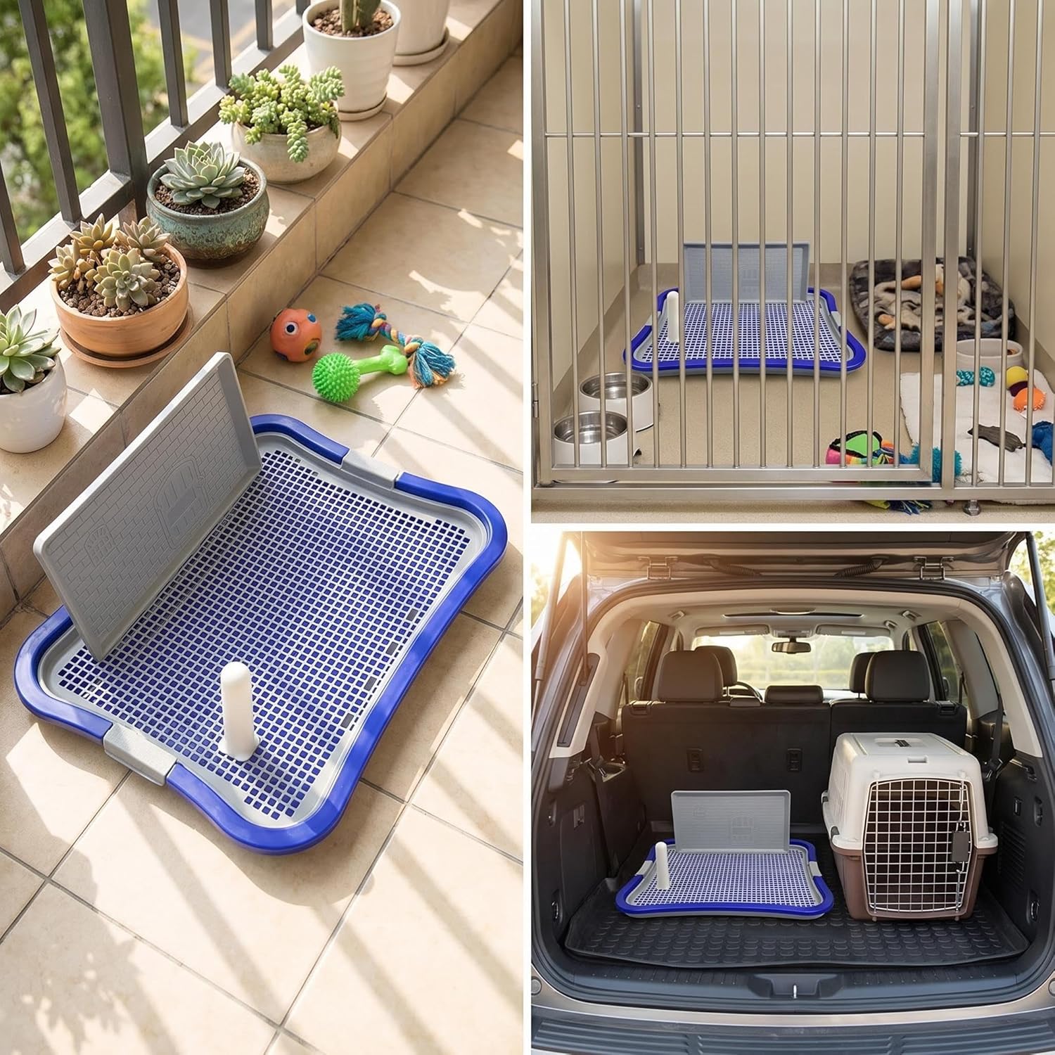 Dog Pee Pad Holder, Indoor Dog Potty Tray with Splash Guard & Center Post, Potty for Small Dogs, Waterproof and Easy to Disassembly and Cleaning Dog Toilet, 23.62"X19.69" (Blue)