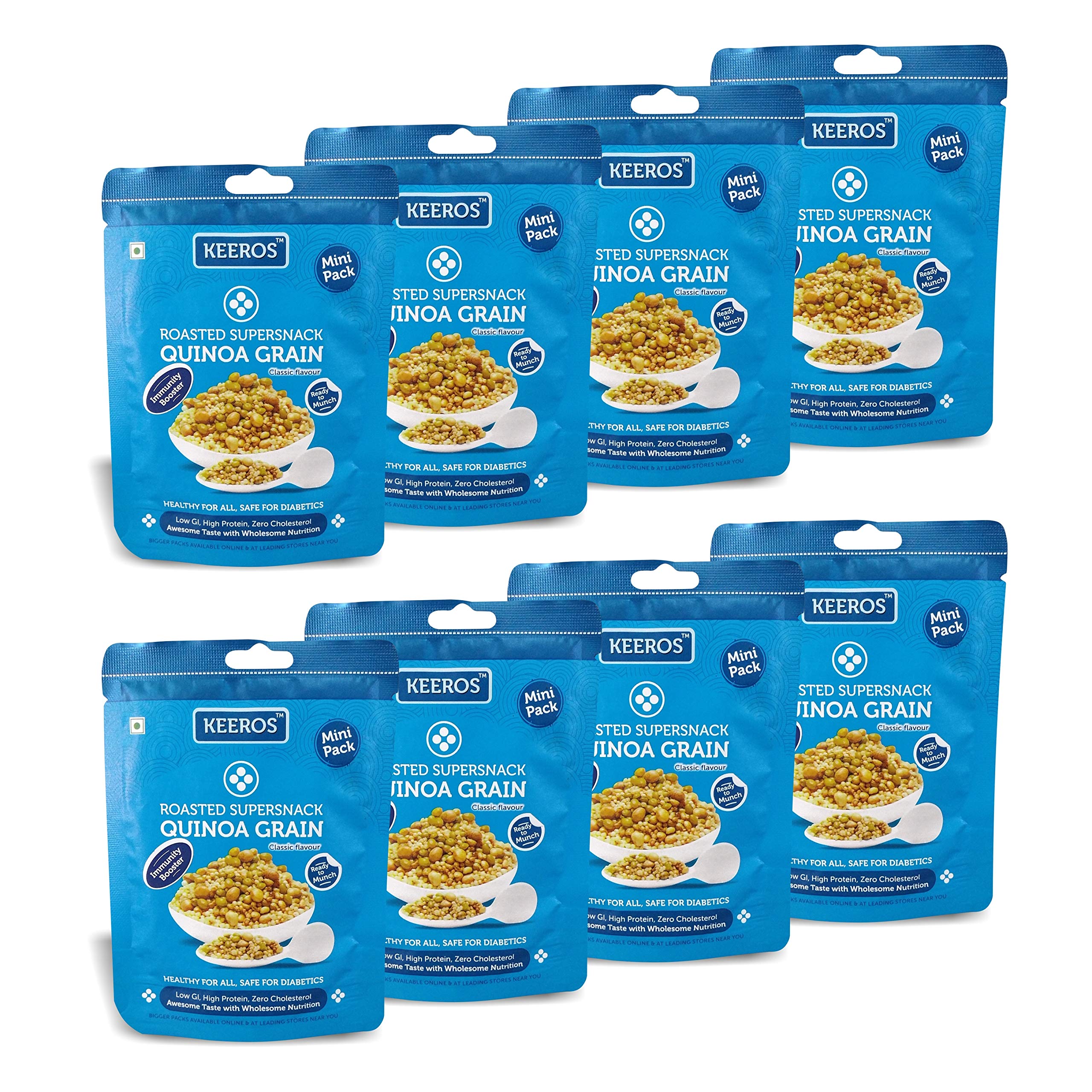 Keeros Quinoa Grain Roasted Healthy Snacks | Diabetic Friendly Weight Loss Snack | Gluten Free High Protein Low Calorie Diet Namkeen | Low GI Superfood Mix | Roasted Quinoa & 4 Supergrains | Crunchy Lightly Spiced Ready to Eat (45g, Pack of 8)