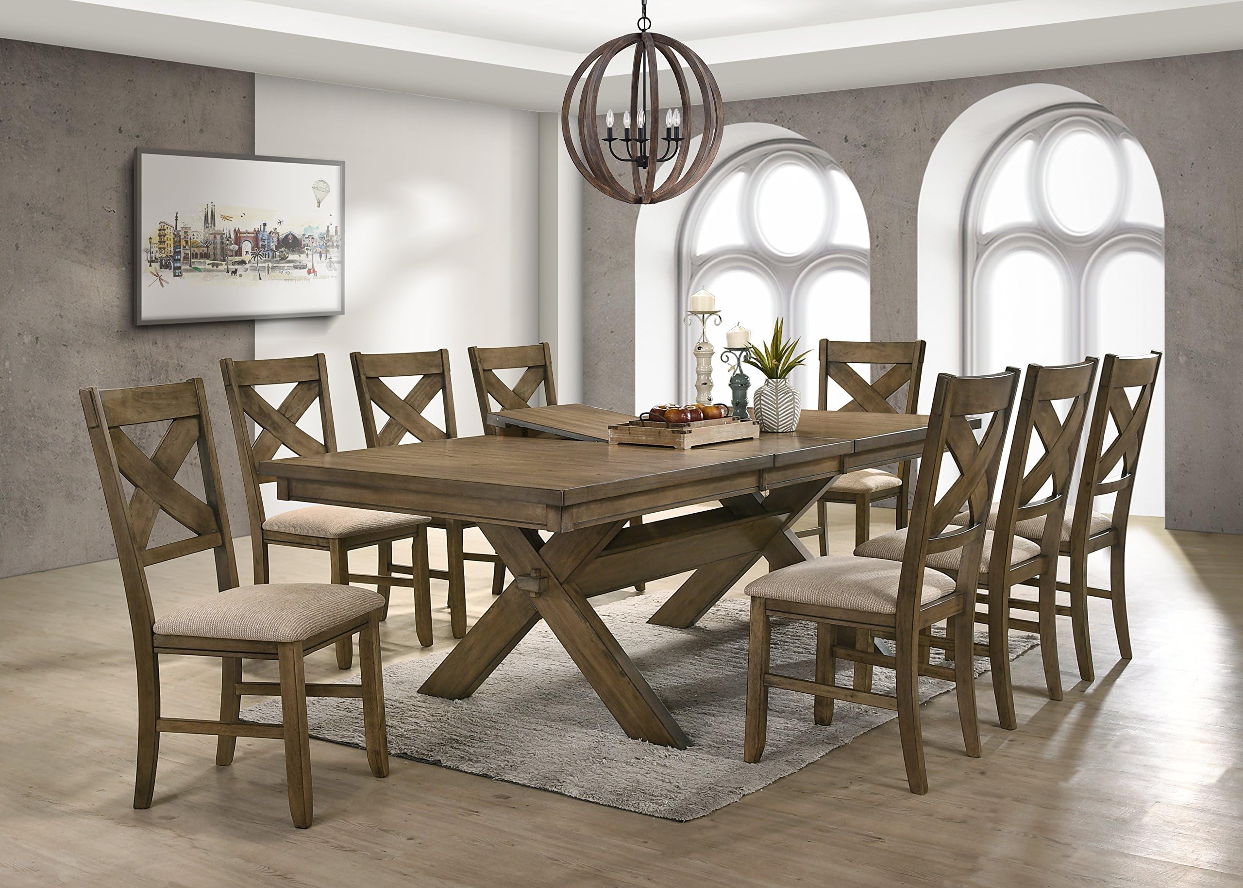 Roundhill Furniture Raven Wood Dining Set: Butterfly Leaf Table, Eight Chairs, Glazed Pine Brown
