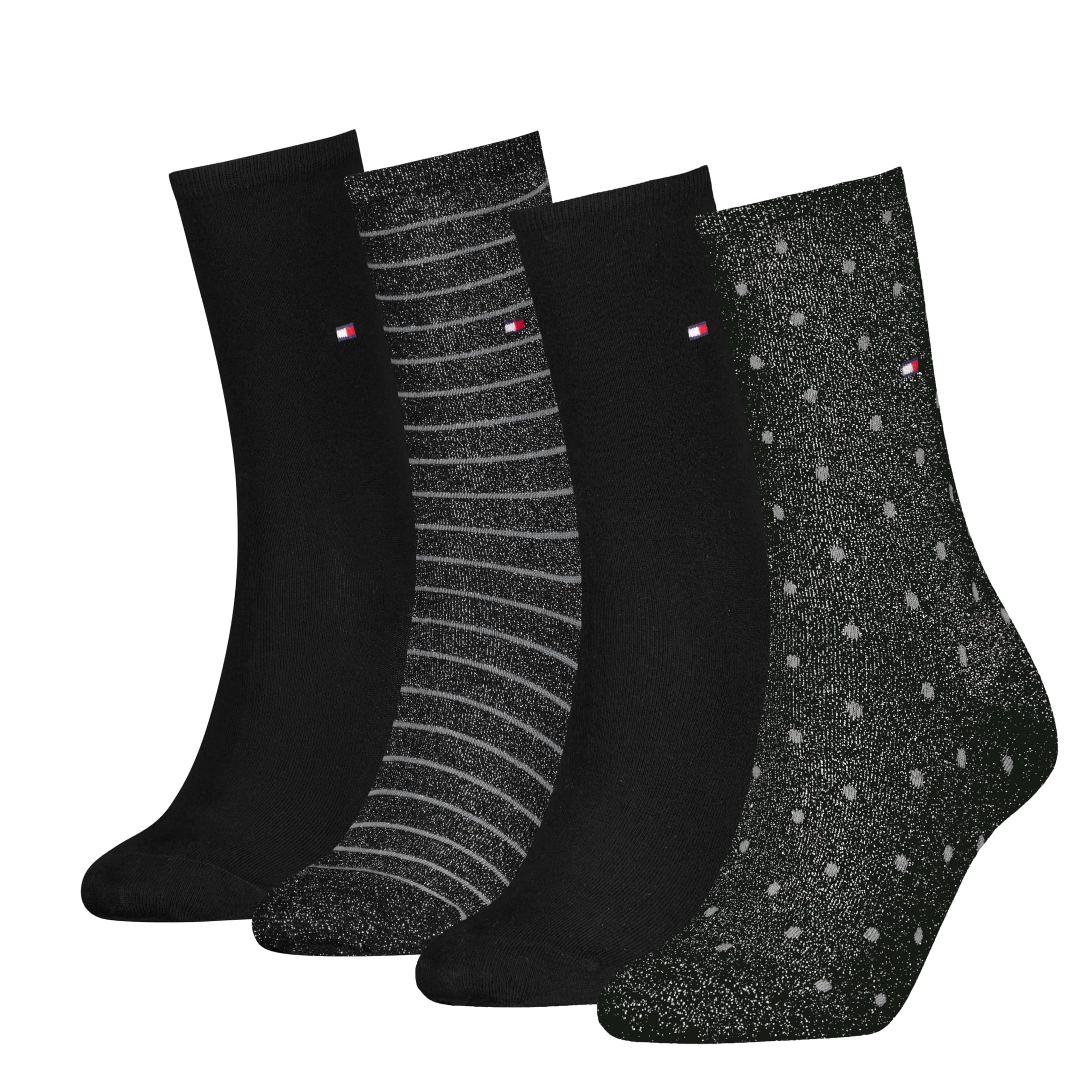 Tommy Hilfiger Women's Dot & Stripe Classic Sock, Black Lurex, 35-38 (Pack of 4)