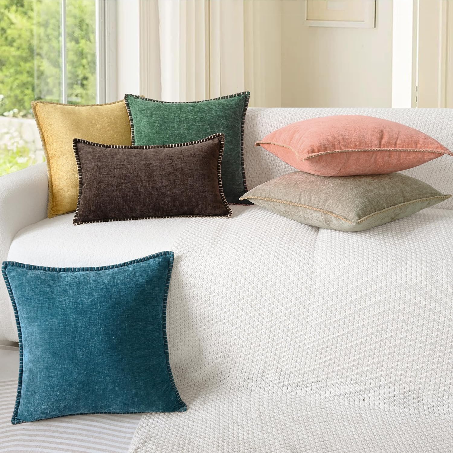 CaliTime Throw Pillow Covers Decorative 26 X 26 Inches Pack of 2 Cotton Thread Stitching Edges Solid Dyed Soft Chenille Cushion Cases for Couch Sofa Bed Living Room Farmhouse Light Taupe