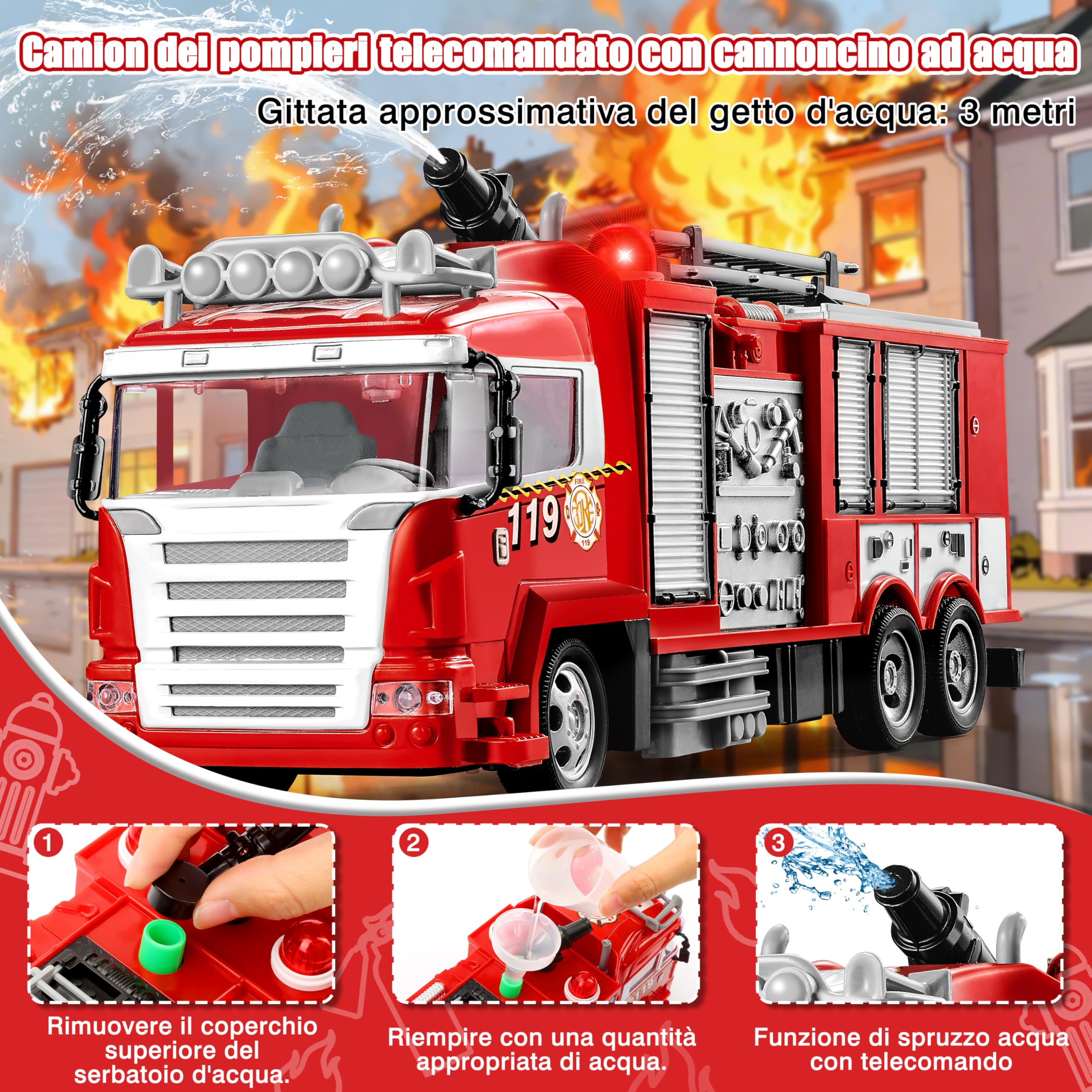 MOMOSTAR Camion Pompieri Giocattolo, 1:18 Camion Pompieri Telecomandato con luci e suoni, Pompiere Giocattoli con Spruzzatrice d'acqua, Giochi Vigili del Fuoco Regalo per Bambini 3 4 5 6 7 8 Anni