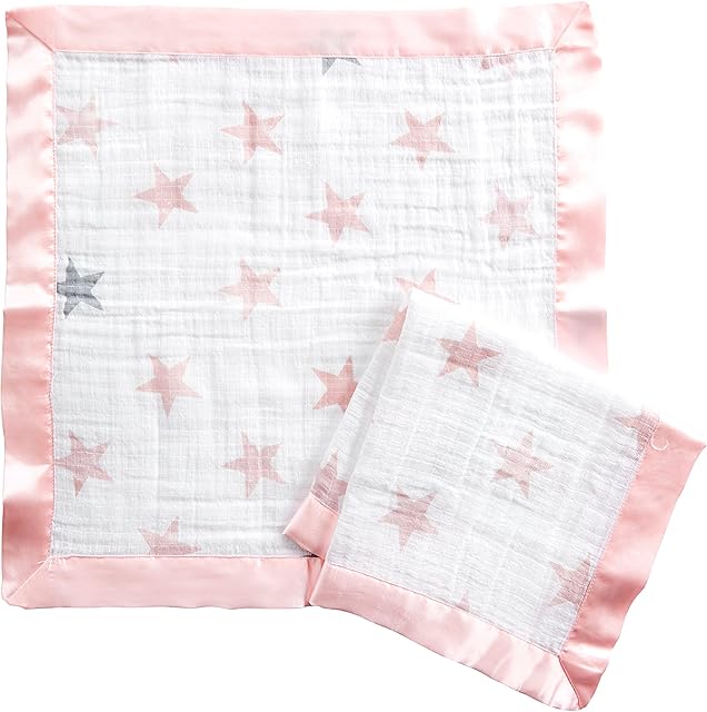aden + anais Star Security Blanket - Pack of 2 | Pink & White, Soft & Breathable 100% Cotton Muslin with Satin Trim | Square Comforter Set for Girls | Newborn & Infant Essentials