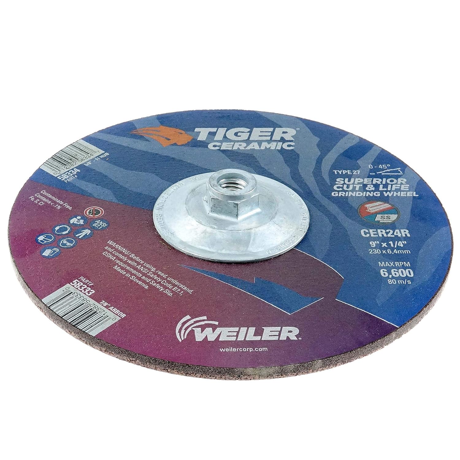 Weiler 58334 9 x 1/4 Tiger Ceramic Type 27 Grinding Wheel CER24R 5/8-11 Nut (Pack of 10)