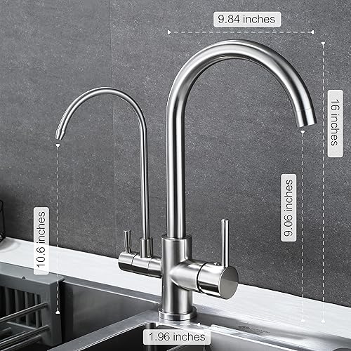 Miniatura 8 de HUAHUALALA Grifos de cocina de níquel cepillado, grifo de fregadero de cocina con 2 asas, purificador de filtro de agua 3 en 1, grifo de agua