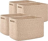 OIAHOMY 4 Pack Woven Cotton Storage Baskets with Handles - Cube Bins for Shelves, Organizing Toys & Clothes, 12.7x9x7.8 Inch Brown