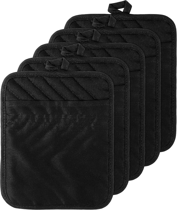 GROBRO7 5Pack Cotton Pocket Pot Holder Set Kitchen Heat Resistant Potholder Machine Washable Potholders Bulk Oven Mitts Black Plain Hot Pads Trivet for Baking Cooking with Pocket 7x9