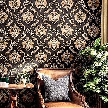 Wolpin Wall Stickers DIY Wallpaper (45 cm x 10 m) Black Damask Luxury Self Adhesive Decals Living Room Bedroom Decoration, Black