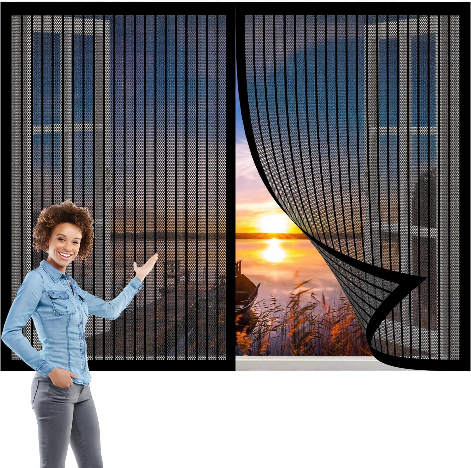Adjustable DIY Magnetic Fly Screen Window 109 x 181 cm Magnetic Fly Screen Door Without Drilling Close Automatically for Air Conditioning Room Kitchen Window, Black