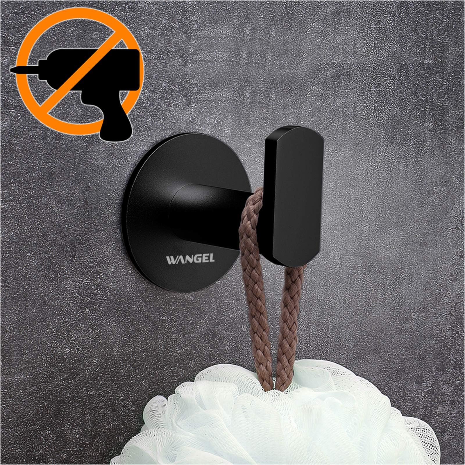 Wangel Strong Adhesive Hook for Towel and Robe, Patented Glue + Self-Adhesive, Aluminum, Matte Finish, Black