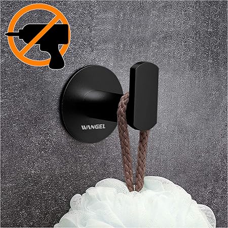 Wangel Adhesivo Fuerte Gancho Robe Sombrero Ropa Toalla Baño, Pegamento Patentado + Autoadhesivo, Aluminio, Acabado Mate, Negro