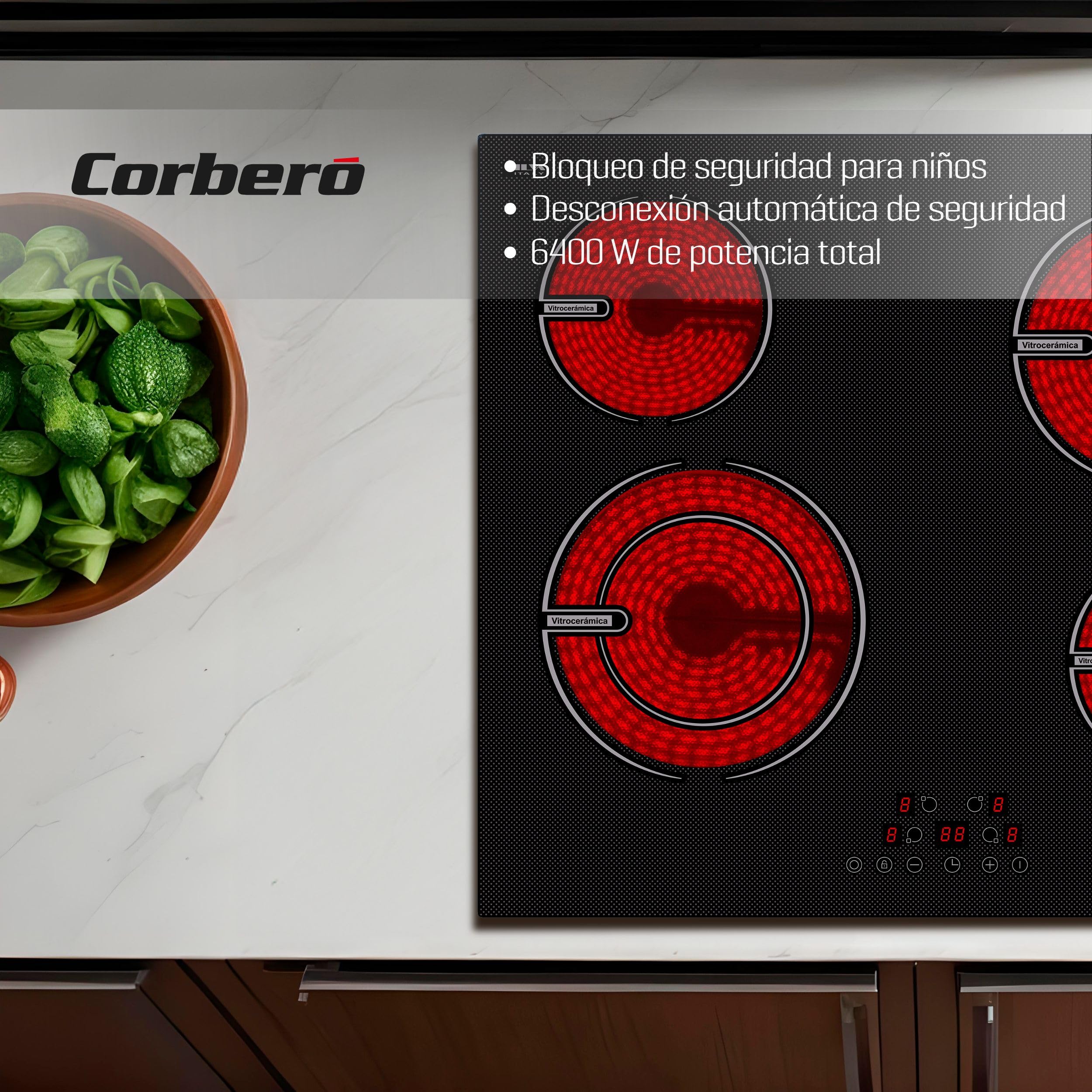 Corberó - Placas Vitrocerámica | CCVG8422 | 60 cm | 4 Zonas | Potencia 6400W | Touch Control | Booster | Temporizador 99 Min | 9 Niveles Potencia | Bloqueo Seguridad niños | Negro