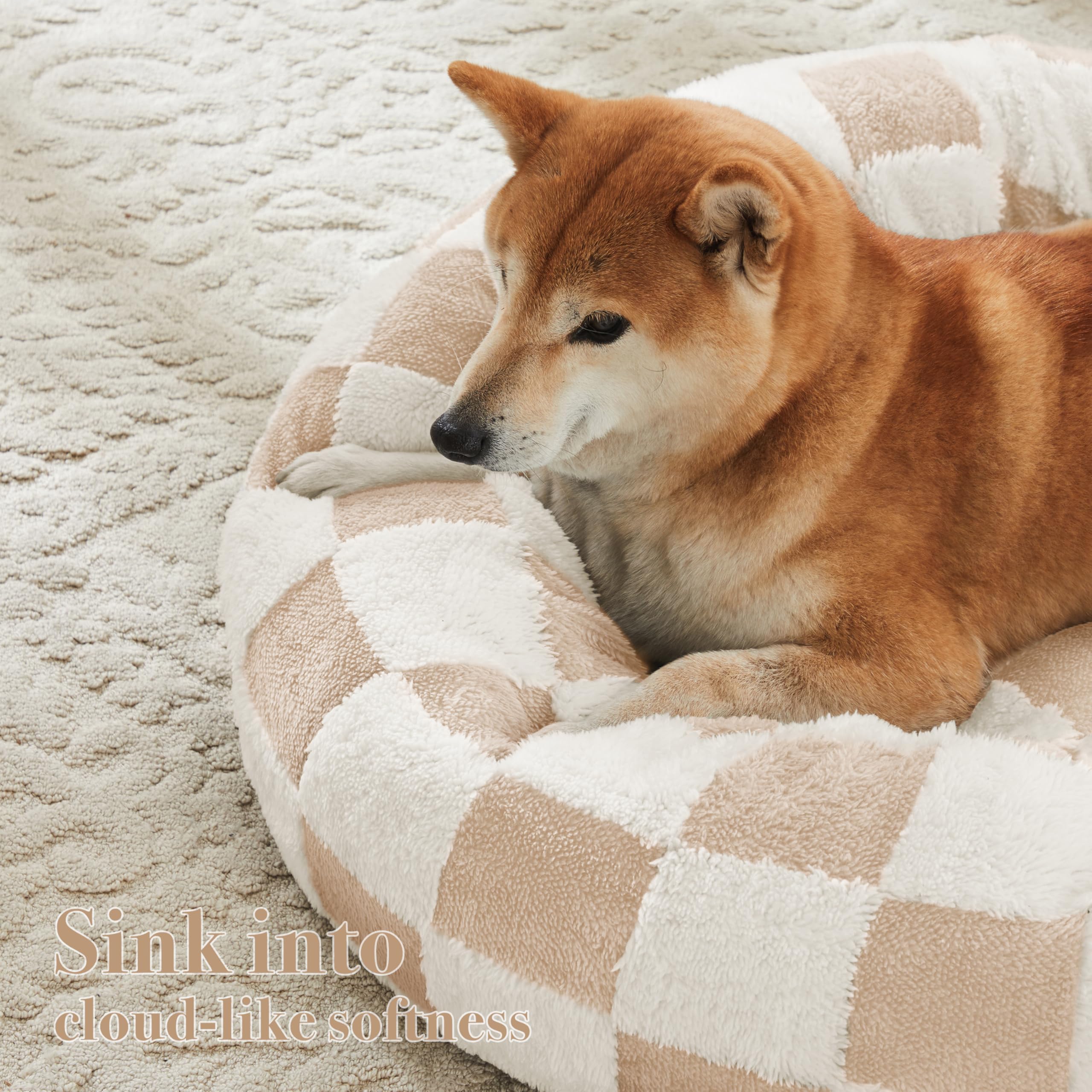 Ohocut Checkered Dog Bed, Cute Beige Khaki Retro Style Aesthetic Round Warming Pet Calming Beds for Small Dog and Cats, Plush Cozy Donut Dog Beds Washable, 30